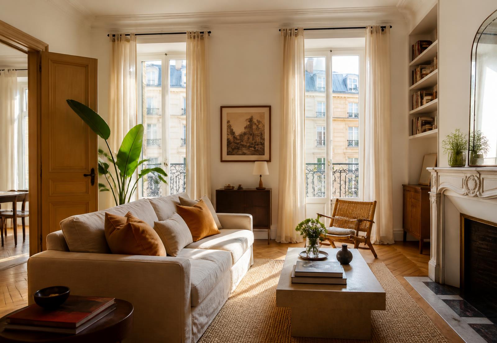 Sunlit apartment living room with wooden floors